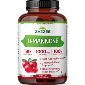 Zazzee D-Mannose, 1000 mg per Serving, 180 Vegan Capsules, 3 Month Supply, Potent & Fast-Acting, Certified Kosher, 100% Pure, All-Natural Urinary Tra