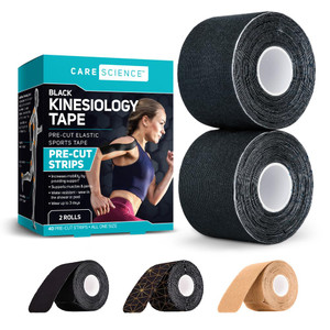 Care Science Waterproof Kinesiology Tape, 40 ct Precut Strips (2 Rolls), Black | Elastic Sports & Weightlifting Tape Supports Muscles & Joints. Water