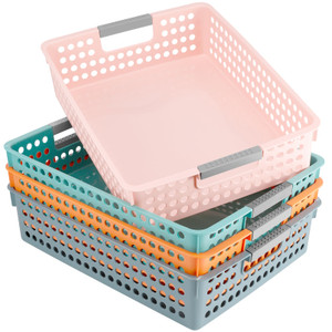 Cabaubl 4 Pack Turn in Trays Classroom, Plastic Desktop Paper Storage Baskets with Handles, Colorful Paper Organizer Baskets for Library, Office, Hom