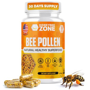 HONEYBEEZONE100% Raw Bee Pollen Granules in 60 Veggie Capsules  High in Essential B-Complex for Metabolism & Energy - Gluten Free & Non-GMO - Prote
