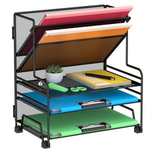 Desk File Organizer, 3-Tier Letter Tray Paper Organizer and 2-Pocket Metal Hanging Basket for Office School Classroom Organization