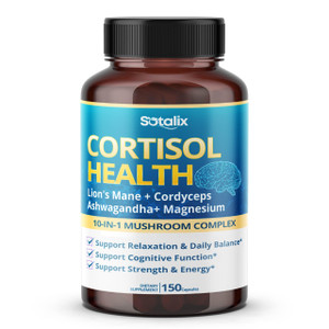 Cortisol Health Supplement with Magnesium, Ashwagandha, Lions Mane & 10 Mushroom Complex  Relaxation, Focus & Energy Support  150 Capsules  Sotal