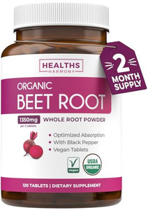 USDA Organic Beet Root Powder (120 Tablets) 1350mg Beets Per Serving with Black Pepper for Extra Absorption - Super Antioxidant and Nitrate Supplemen