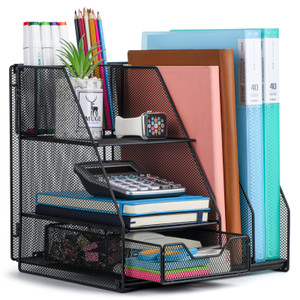 Topwey Desk Organizer, File Organizer for Desk with 2-Tier Paper Letter Tray, Drawer and 2 Pen Holder, Mesh Desktop Organization with Magazine Holder