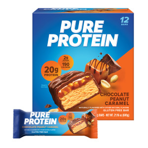Pure Protein Chocolate Peanut Caramel Protein Bars  20g Protein, 3g Sugar, 190 Calories (12 count) Low Sugar* High Protein Snack - Gluten Free - Per