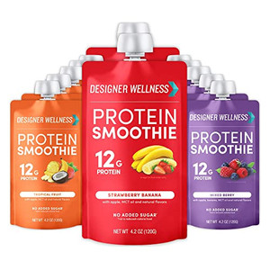Designer Wellness Protein Smoothie, Real Fruit, 12g Protein, Low Carb, Zero Added Sugar, Gluten-Free, Non-GMO, No Artificial Colors or Flavors, Varie