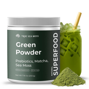 TrueSeaMoss Super Greens Powder with Matcha for Digestive & Gut Health  25 Superfoods with Probiotics, Prebiotics, Enzymes & Sea Moss  Vegan Superf