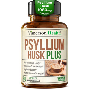 Fiber Supplement with 1080mg Psyllium Husk Powder, Slippery Elm for Women & Men, Ginger Root  High Fiber Pills for Regularity, Digestive & Gut Healt