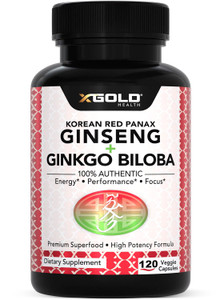 X Gold Health Extra Strength Korean Red Panax Ginseng (7% Ginsenosides) + Ginkgo Biloba  Energy, Focus & Vitality  Non-GMO 120 Capsules