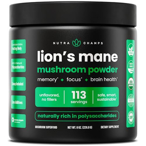 NutraChamps Organic Lions Mane Powder - 2000mg Powerful Nootropic for Memory, Focus, Immune Support - Vegan Lions Mane Mushroom Powder Supplement wi
