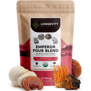 Organic Emperor 4 Powder Mushroom Blend Supplement 100g | Fruiting Body Extract Complex | With Lions Mane, Cordyceps, Chaga & Reishi | 20% Beta-D Glu