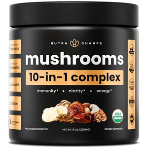 NutraChamps Organic Mushroom Powder - 10-in-1 Complex - Mushroom Supplement Powder Blend for Memory, Focus & Immune Support - 8oz (8.0 OZ, Mushroom B