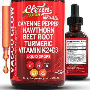 Clean Nutra Cayenne Pepper Drops Supplement Liquid + Hawthorn Berry, Vitamin D3 K2 Beet Root Powder, Ceylon Cinnamon, Turmeric Curcumin, Organic Pana