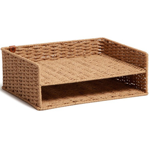 U Brands Woven Two-Tier Paper Tray, Rattan-Inspired Wicker Style Office Organization Supplies, 1 Count