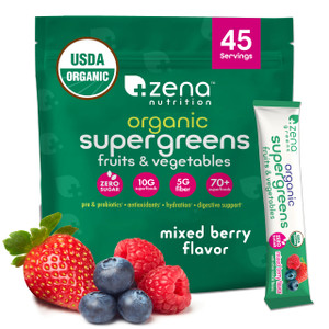 Zena Nutrition Organic Super Greens Powder, 70+ Superfoods, 0 Sugar, 5G Fiber, Spirulina, Chlorella, Antioxidants, Prebiotics/Probiotics, Digestive E