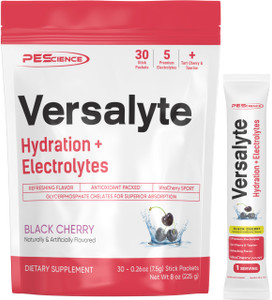 PEScience Versalyte Electrolyte Hydration Packets, Sugar Free Electrolyte Powder with Magnesium, Taurine, Antioxidants, Trace Minerals - Black Cherry