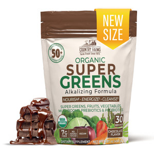Country Farms Super Greens Chocolate Flavor, 50 Organic Super Foods, USDA Organic Drink Mix (Wheat Grass, Spirulina, Chlorella) Mushrooms & Probiotic