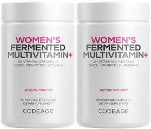 Codeage Womens Daily Multivitamin, 25+ Vitamins & Minerals, Fermented, Organic Whole Foods, Probiotics Supplement - Vitamin A, B, C, D, E & K, Omega