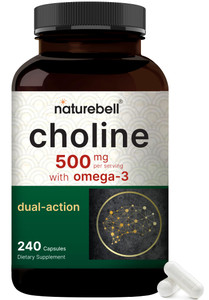 NatureBell Choline 500 mg with Omega-3 Fatty Acids, 240 Capsules | Extra Strength 2-in-1 Choline Bitartrate Formula | Non-GMO