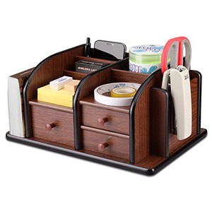 Flexzion Wooden Desk Organizer w/Drawers - Classic Wood Office Supplies Accessories Desktop Tabletop Sorter Shelf Rack Cherry Brown Pencil Holder Cad