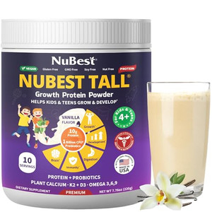 NuBest Tall Vanilla Plant-Based Protein Powder for Kids & Teens - Healthy & Immunity with Probiotics, Omega 3-6-9, Vitamin D3 + K2, Calcium & Vitamin