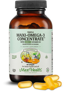 Maxi Health Omega 3 Supplement - Omega-3 Fish Oil Triple Concentrate w/ Vitamin D3 - Potent Source of EPA / DHA Fatty Acids - Heart, Brain, Joint Hea