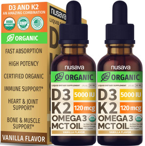 (2 Pack) Organic Vitamin D3 K2 Drops with MCT Oil Omega 3, 5000 IU - Maximum Strength Vitamin D Liquid, No Fillers, Non-GMO Liquid D3 for Faster Abso