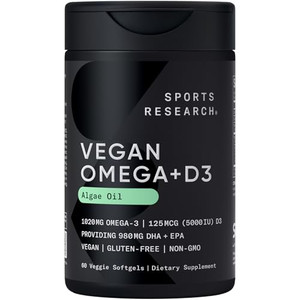 Sports Research Vegan Omega-3 with Vitamin D3 Softgels - 1020mg Omega-3 & 5000iu D3 Supplement - Fish Oil Alternative with Vitamin D Plant-Based Supp