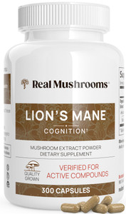 Real Mushrooms Lions Mane Supplement Capsules - Organic Lions Mane Extract for Overall Wellbeing - Beta Glucan Supplements  Vegan 300 ct Mushroom E