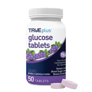 TRUEplus Glucose Tablets, Chewable, Grape Flavor, 15g Fast-Acting Carbohydrates, Fat Free, Gluten Free, Raise Low Blood Sugar and Boost Energy, 50 Co