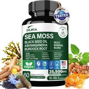 16-in-1 Organic Sea Moss Gel Alternative Capsules  Superfood Blend with Ashwagandha, Black Seed Oil, Turmeric, Bladderwrack, Burdock, Elderberry, Ma