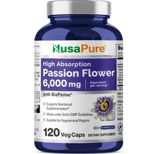 NusaPure Passion Flower 20:1 Extract, 300 mg Equivalent to 6,000mg, 120 Veggie Caps, Non-GMO, Bioperine, & Vegan Extract Supplement