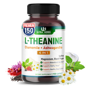 L-Theanine Supplement - 6 in 1 Complex Enriched with Magnesium, Ashwagandha, Saffron, Chamomile - Support Relaxation, Calmness & Sleep Quality | 150