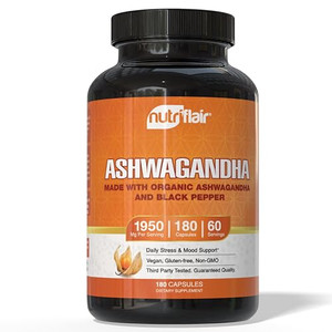 NutriFlair Organic Ashwagandha Root Extract - with Organic Black Pepper - Stress and Mood Support - Powerful Adaptogenic Benefits and Overall Health