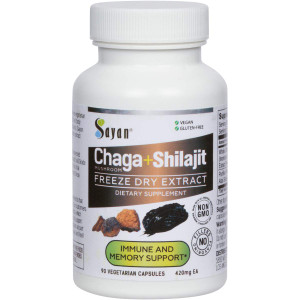 Sayan Siberian Chaga Mushroom Extract with Shilajit 90 Capsules/420mg ea. Immune and Digestion System Support  Fulvic Acid Supplement  Energy & Cl