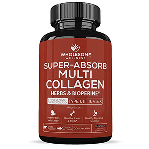 Wholesome Wellness Super-Absorb Multi Collagen Pills (Type I II III V X) Organic Herbs & Bioperine - Hair, Skin, Nails - Hydrolyzed Peptides Protein