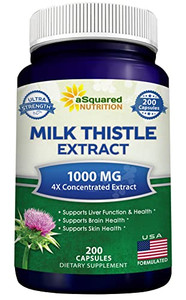 aSquared Nutrition Milk Thistle Supplement 1000mg-200 Capsules,Max Strength 4X Concentrated Extract 4:1 Milk Thistle Seed Powder Herb Pills, 1000 mg