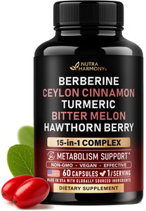 Berberine with Ceylon Cinnamon | Bitter Melon (Karela) | Apple Cider Vinegar | Hawthorn Berry | Citrus Bergamot | Turmeric - 15-in-1 Supplement for H