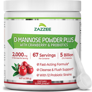 Zazzee D-Mannose Powder Plus, 2000 mg, 67 Servings, Plus 5 Billion CFU Probiotics and Pure Cranberry Juice Extract, Certified Kosher, Free Scoop, 6.6