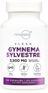 Type Zero Clean Gymnema Sylvestre 3,500mg Equivalent from 175mg of 20:1 Extract Per Serving, 120 Capsules for 120 Servings Per Bottle, Non-GMO. Glute