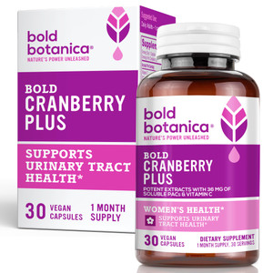 Bold Cranberry Plus Capsules - 100% Soluble 36mg PACs - Cranberry Pills for Women & Men with Urinary Tract Support, Non-GMO Vitamin C  30 Vegan Caps