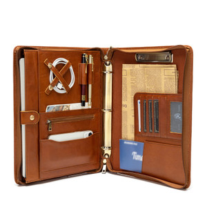 YIWEN Handmade Leather Portfolio 3 Ring Binder, Handle and Clipboard, All-in-One Padfolio for 13" Tablet, 8.5 x 11 Notepad, Professional Business Doc