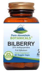 Pure Mountain Botanicals Bilberry Extract Supplement Vegan Kosher Capsules with 250mg Organic Bilberry Leaf & 50mg Potent Extract of Billberries