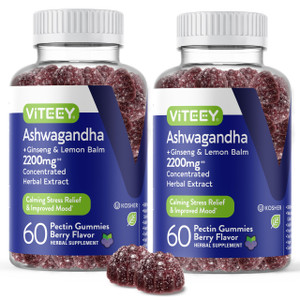 Viteey Ashwagandha Gummies with Ginseng & Lemon Balm - Mood, Calm & Stress Support Ashwagandha Supplements - Vegan, Gluten-Free - 120 Count