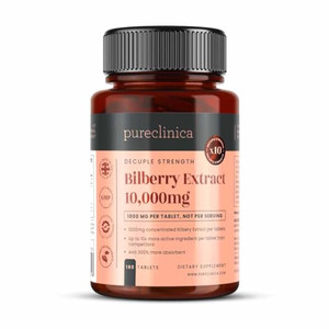 pureclinica Bilberry Extract 10,000mg x 180 Tablets (6 Months Supply)- 10X More anthocyanidin Plus 5mg Black Pepper per Tablet