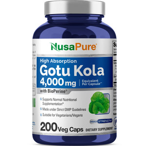 NusaPure Gotu Kola Capsules 20:1 Extract, 200 mg Equivalent to 4000mg Per Veggie Caps, 200 Count, Non-GMO, Vegan, Bioperine - Traditional Herb Extrac