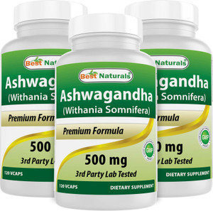 Best Naturals 3 Pack Ashwagandha Capsules for Relaxing Stress and Mood, 500 mg, 120 Count (Total 360 Capsules)