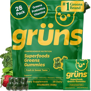 Gruns Adults Super Greens Multivitamin Gummies, Superfood Vitamin Gummy Bears with Spirulina, Chlorella, Prebiotic Fiber for Digestive Health, Adapto