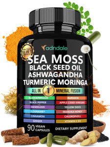 Adndale Sea Moss Black Seed Oil Ashwagandha Ginger Capsules. SeaMoss Capsules with Black Seed Oil, Ashwagandha, Turmeric, Moringa, Bladderwrack, Burd