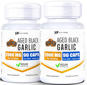 Healthfare Aged Black Garlic Supplement Pills | 2000mg Equivalent | 2 Bottles, 180 Vegan Capsules | Fermented Odorless Garlic Extract | Non-GMO, Glut